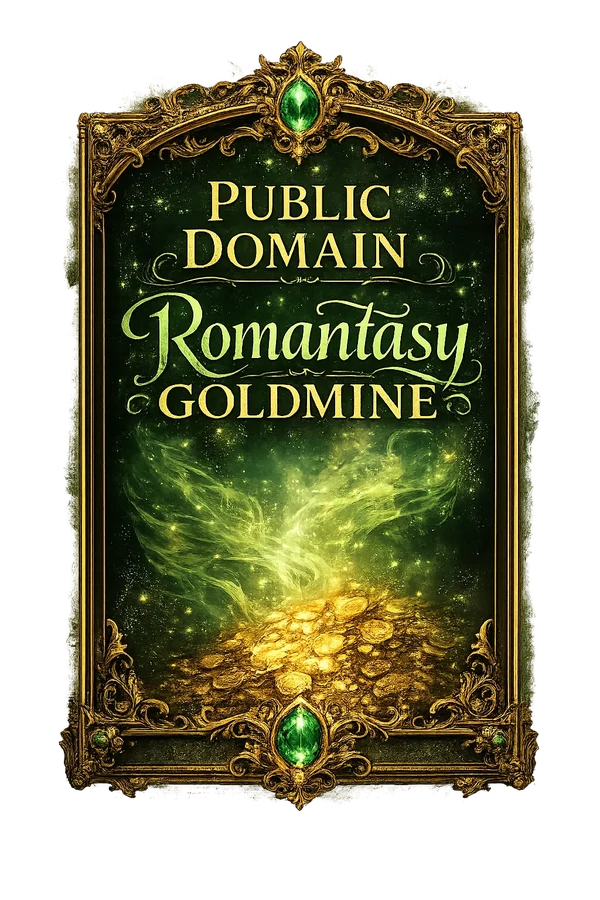 Public Domain Romantasy Goldmine bonus cover for Romantasy Empire with glowing gold coins in an ornate green gem frame