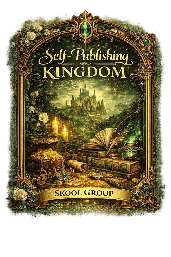 Self-Publishing Kingdom private Skool group bonus for Romantasy Empire with a fantasy castle and books in a gold frame