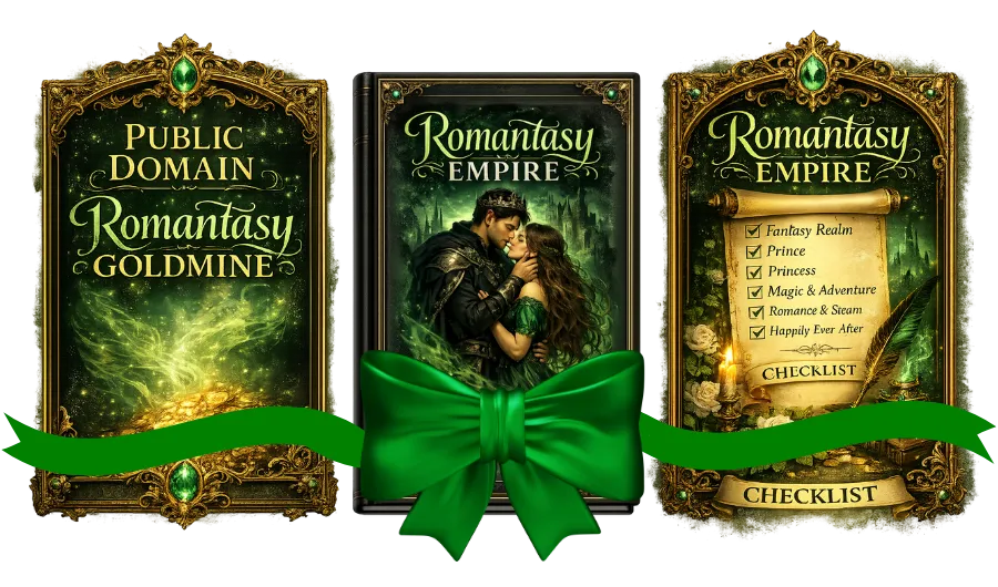 Romantasy Empire fantasy romance writing guide with Goldmine and Master Checklist bonuses tied with a green bow