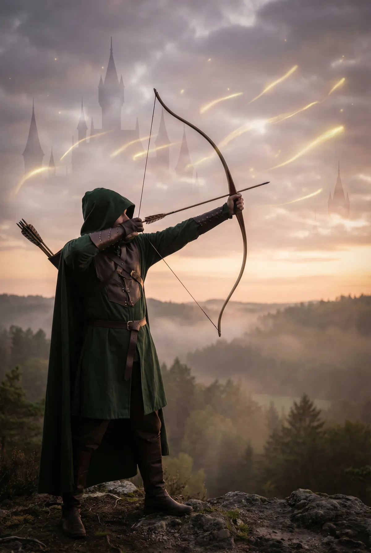 Hooded archer drawing a bow at sunrise above misty forest with a fantasy castle, illustrating romantasy worldbuilding