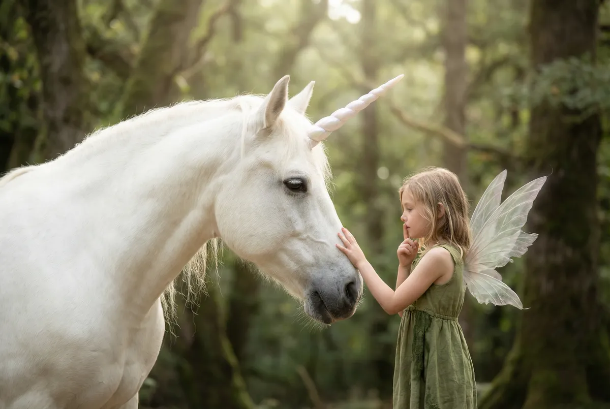 Girl with fairy wings touching a white unicorn in a sunlit forest, illustrating fairy tale and public domain romantasy story ideas