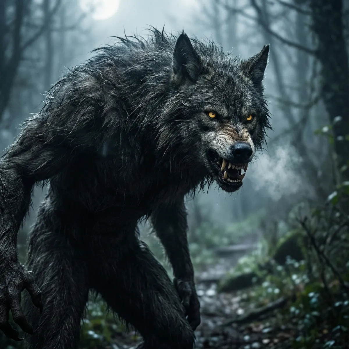 Snarling werewolf in a moonlit misty forest, illustrating romantasy tropes such as shifters and dangerous love interests
