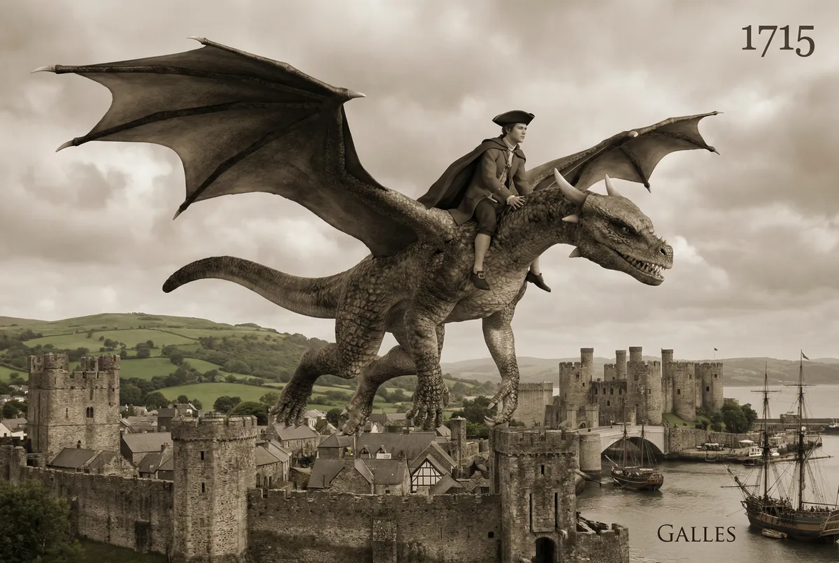 Rider on a dragon flying over a medieval castle and harbor in 1715 Wales, illustrating story ideas developed with Romantasy Empire AI prompts