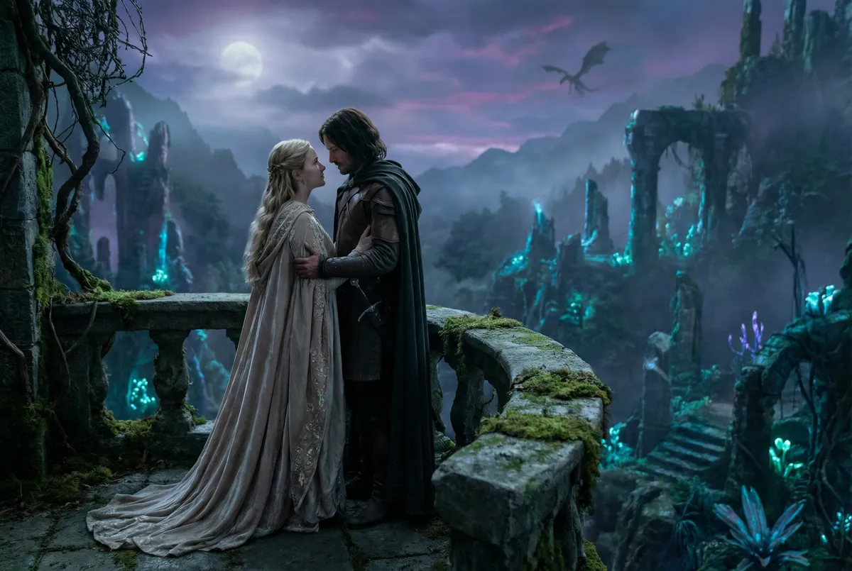 Fantasy romance couple embracing on a moonlit ruined balcony, showing the romance and fantasy blend taught in Romantasy Empire